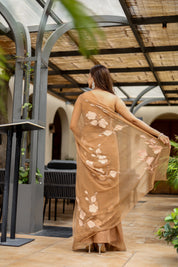 Earthen Bloom (Handpainted Brown Pure Viscose Chiffon Saree with Mukaish work)