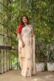 Crimson Bloom (Handpainted and Embroidered Crepe Saree)