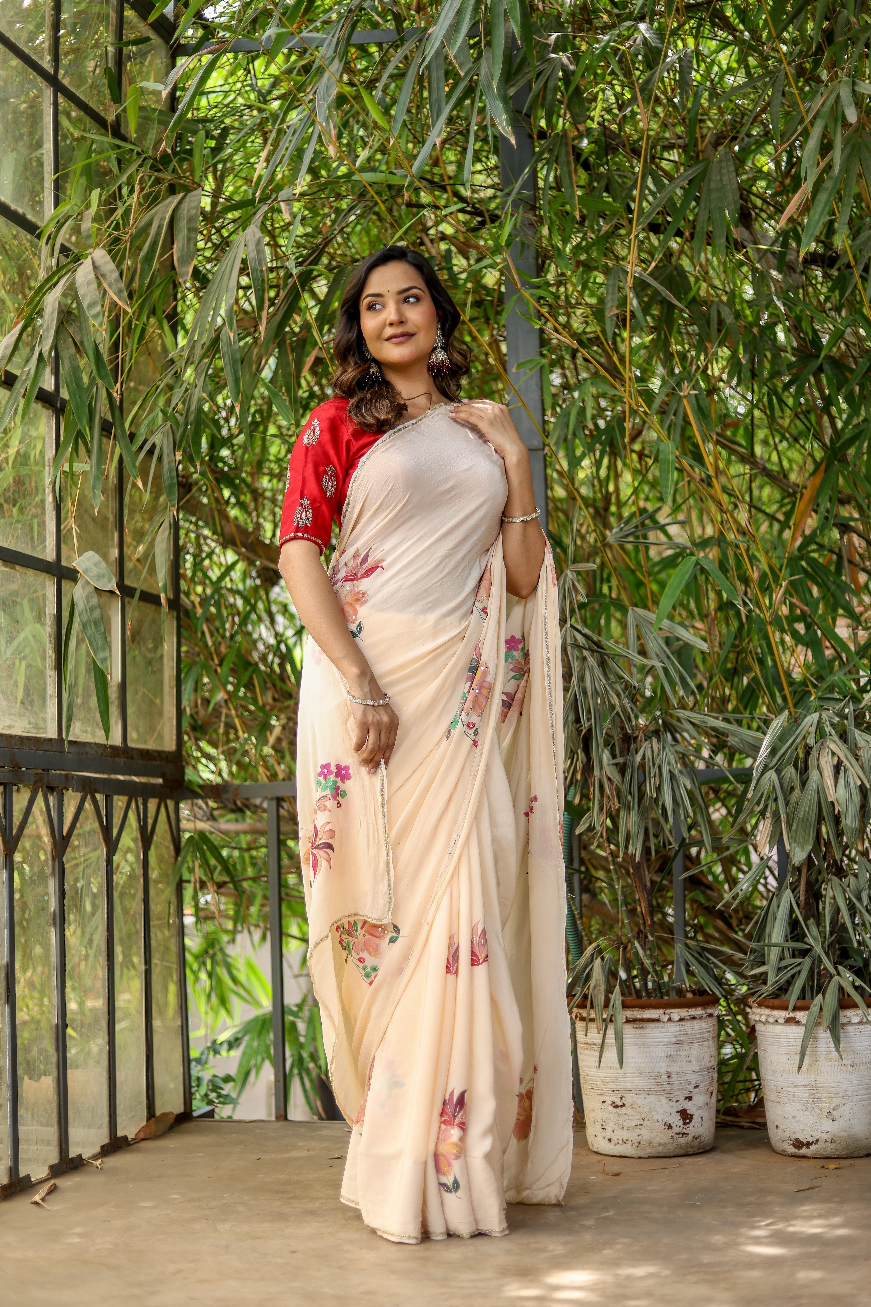 Crimson Bloom (Handpainted and Embroidered Crepe Saree)