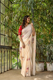 Crimson Bloom (Handpainted and Embroidered Crepe Saree)