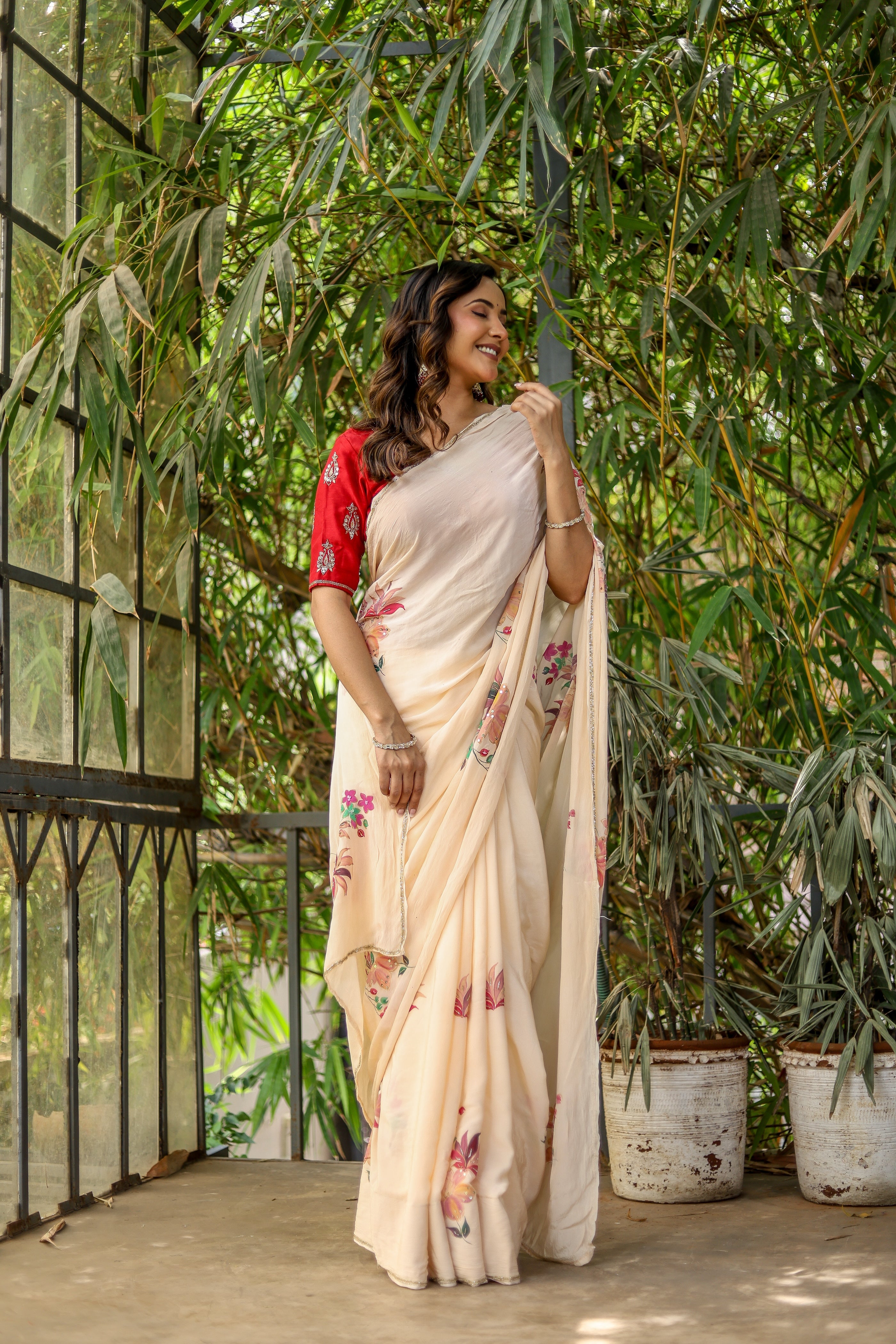 Crimson Bloom (Handpainted and Embroidered Crepe Saree)