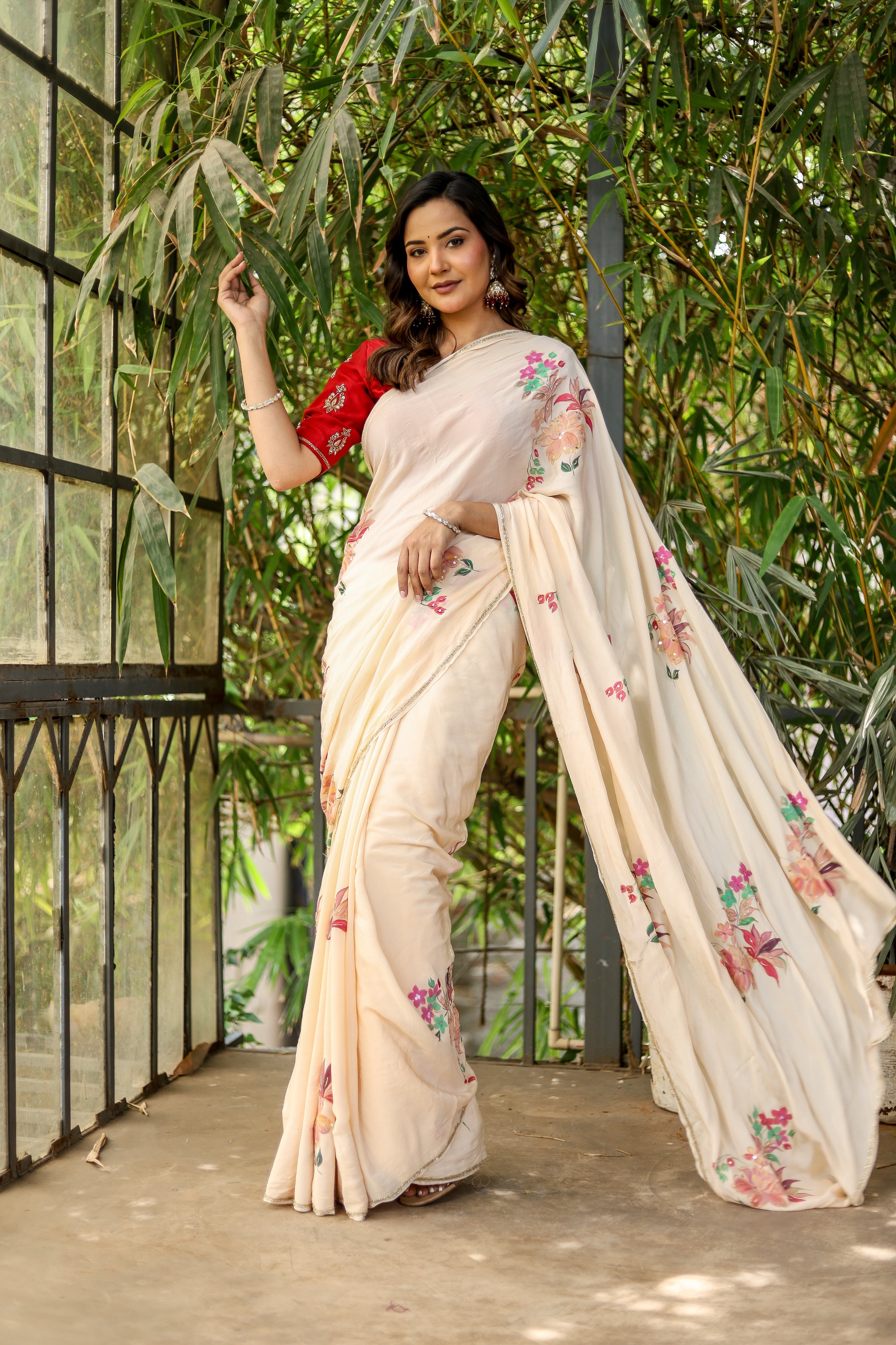 Crimson Bloom (Handpainted and Embroidered Crepe Saree)