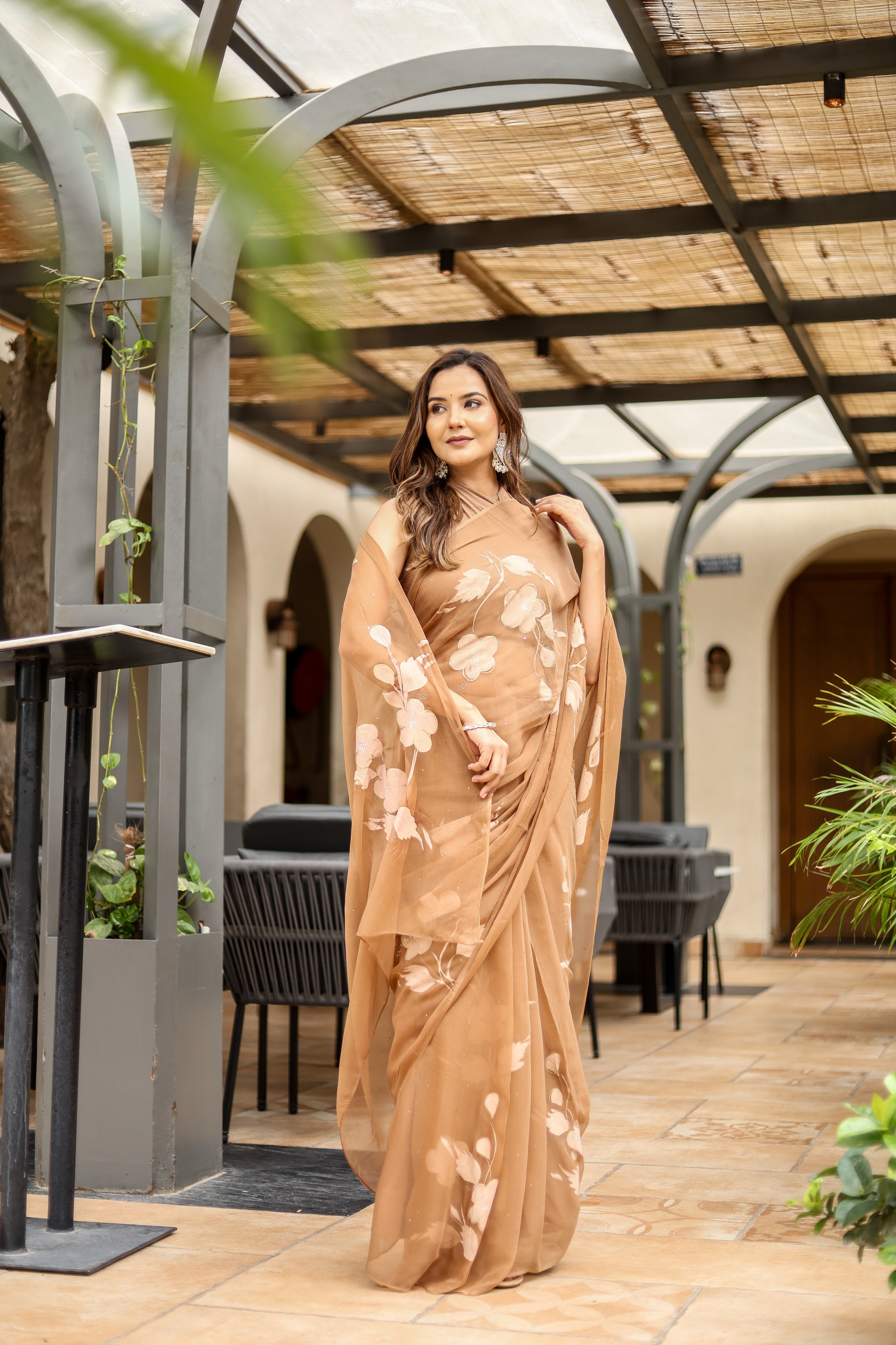 Earthen Bloom (Handpainted Brown Pure Viscose Chiffon Saree with Mukaish work)