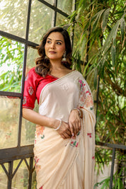 Crimson Bloom (Handpainted and Embroidered Crepe Saree)