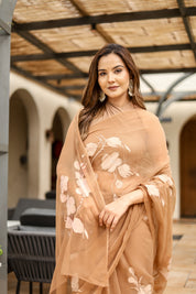 Earthen Bloom (Handpainted Brown Pure Viscose Chiffon Saree with Mukaish work)