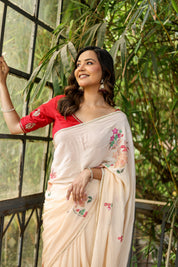 Crimson Bloom (Handpainted and Embroidered Crepe Saree)