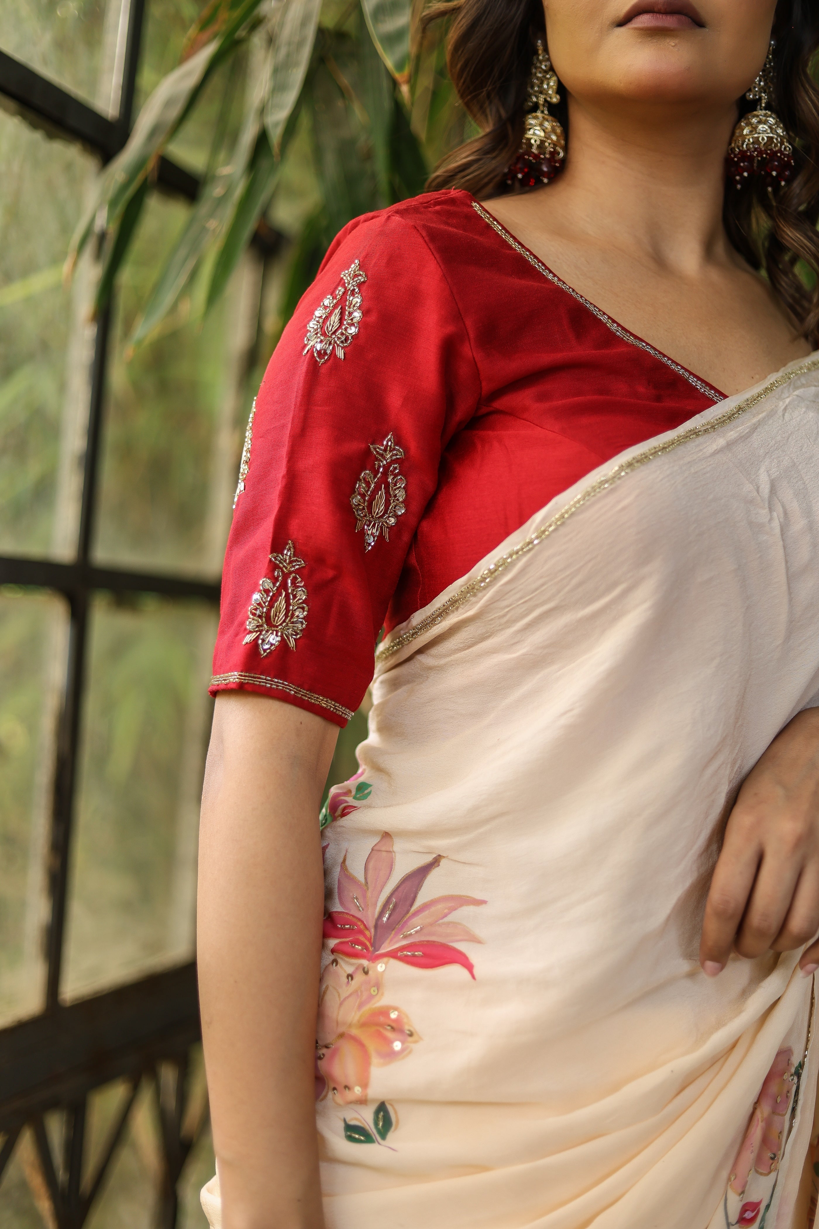 Crimson Bloom (Handpainted and Embroidered Crepe Saree)