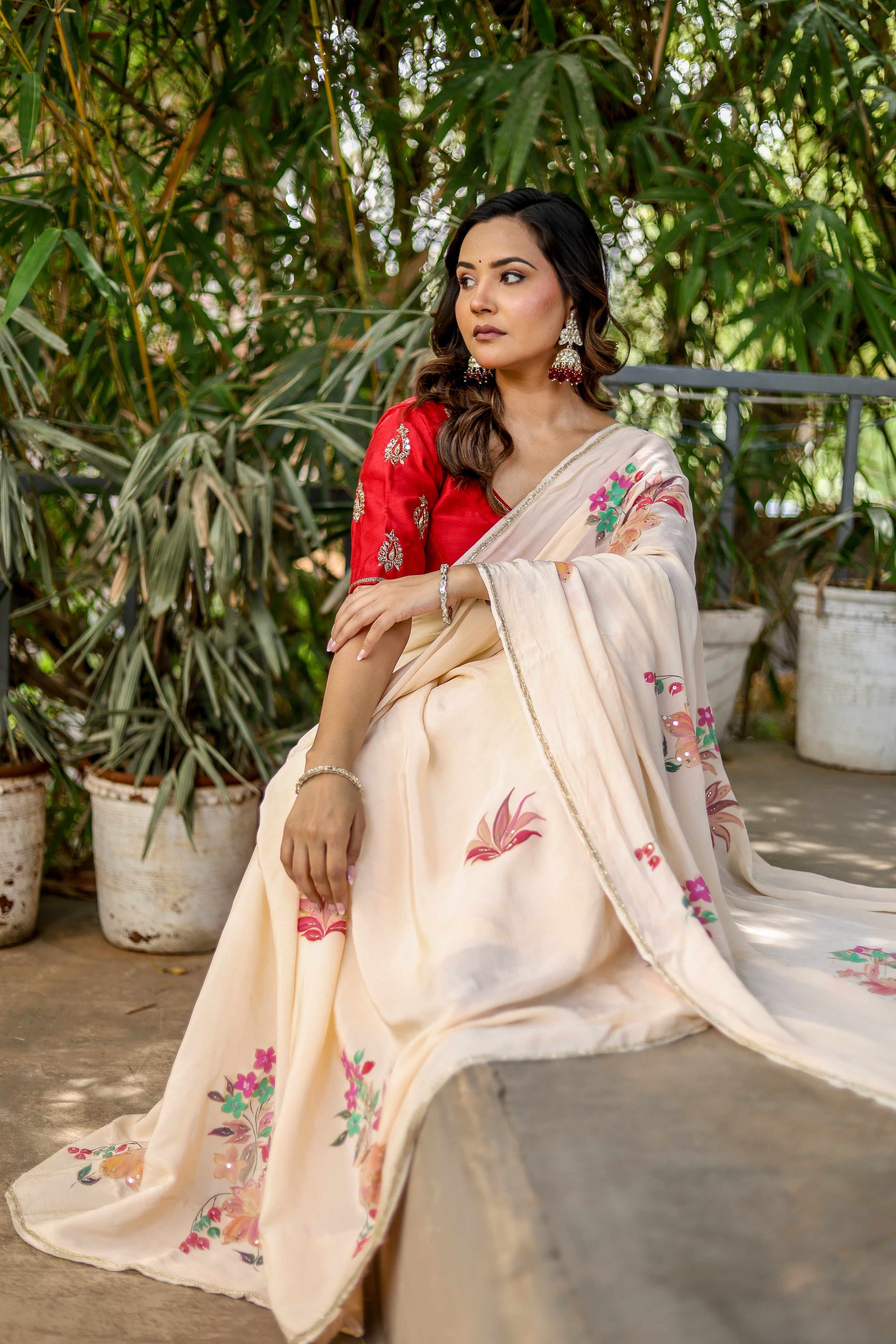 Crimson Bloom (Handpainted and Embroidered Crepe Saree)
