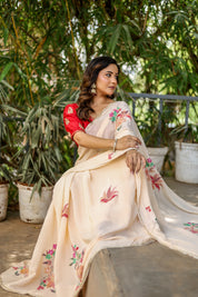 Crimson Bloom (Handpainted and Embroidered Crepe Saree)