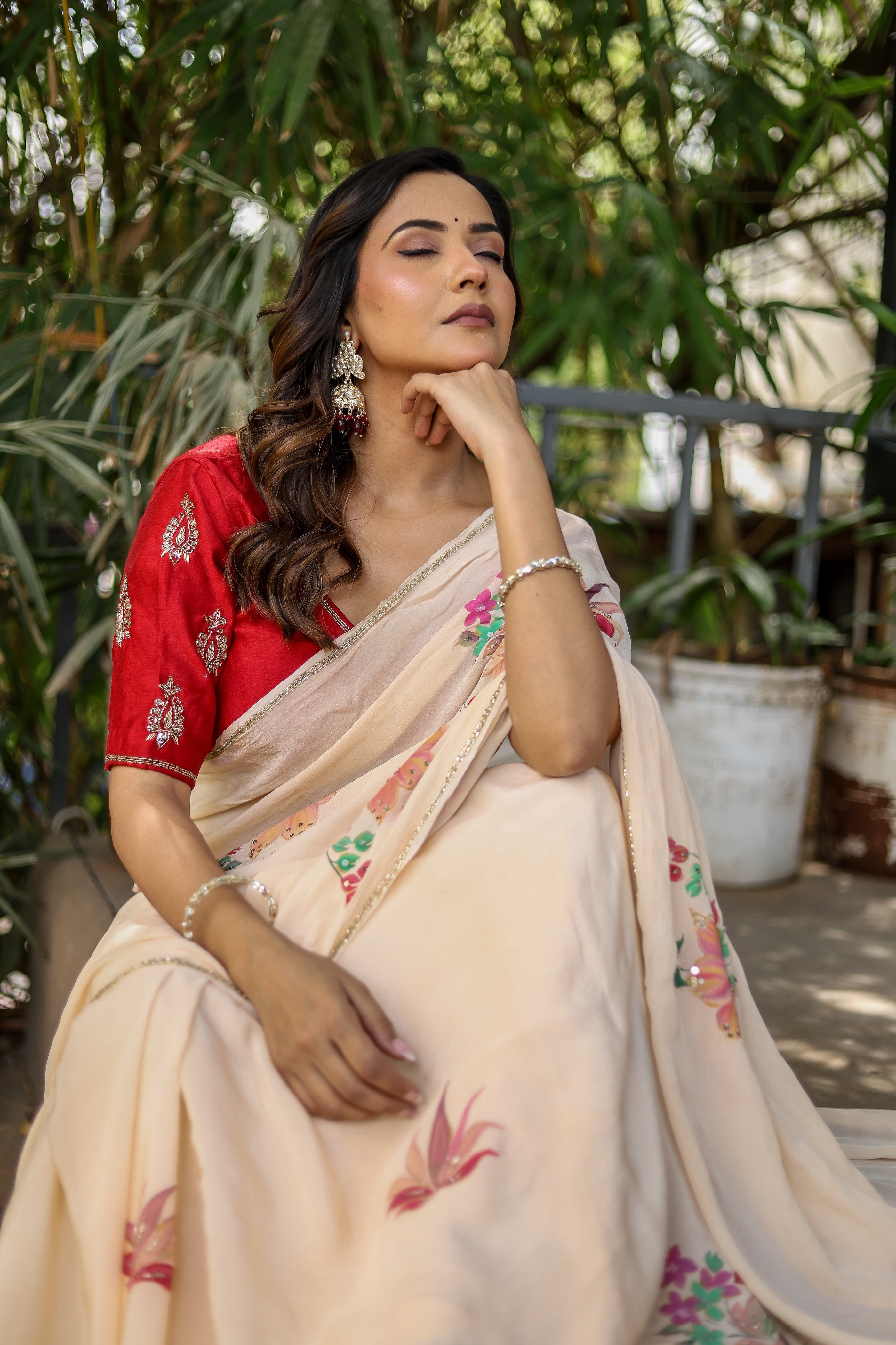 Crimson Bloom (Handpainted and Embroidered Crepe Saree)