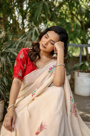 Crimson Bloom (Handpainted and Embroidered Crepe Saree)