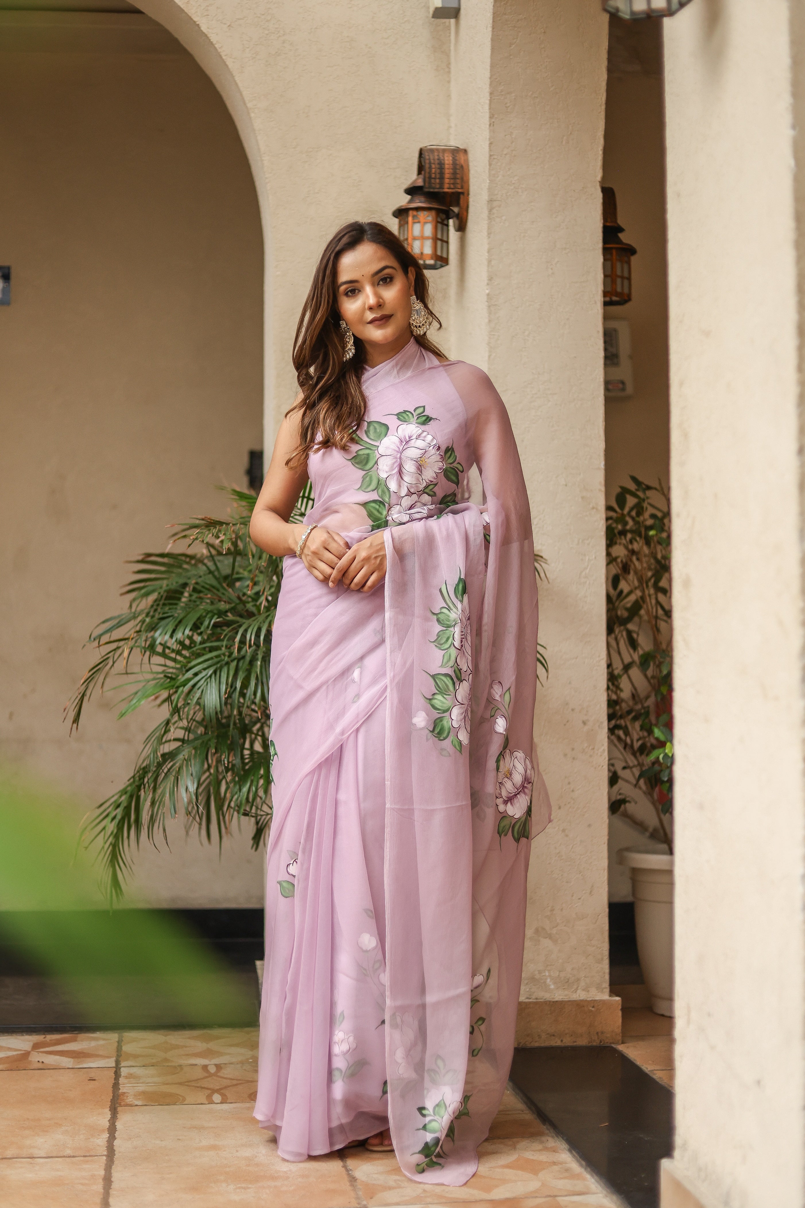 Lilac Whisper (Handpainted Lilac Pure Viscose Chiffon Saree)