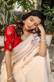 Crimson Bloom (Handpainted and Embroidered Crepe Saree)