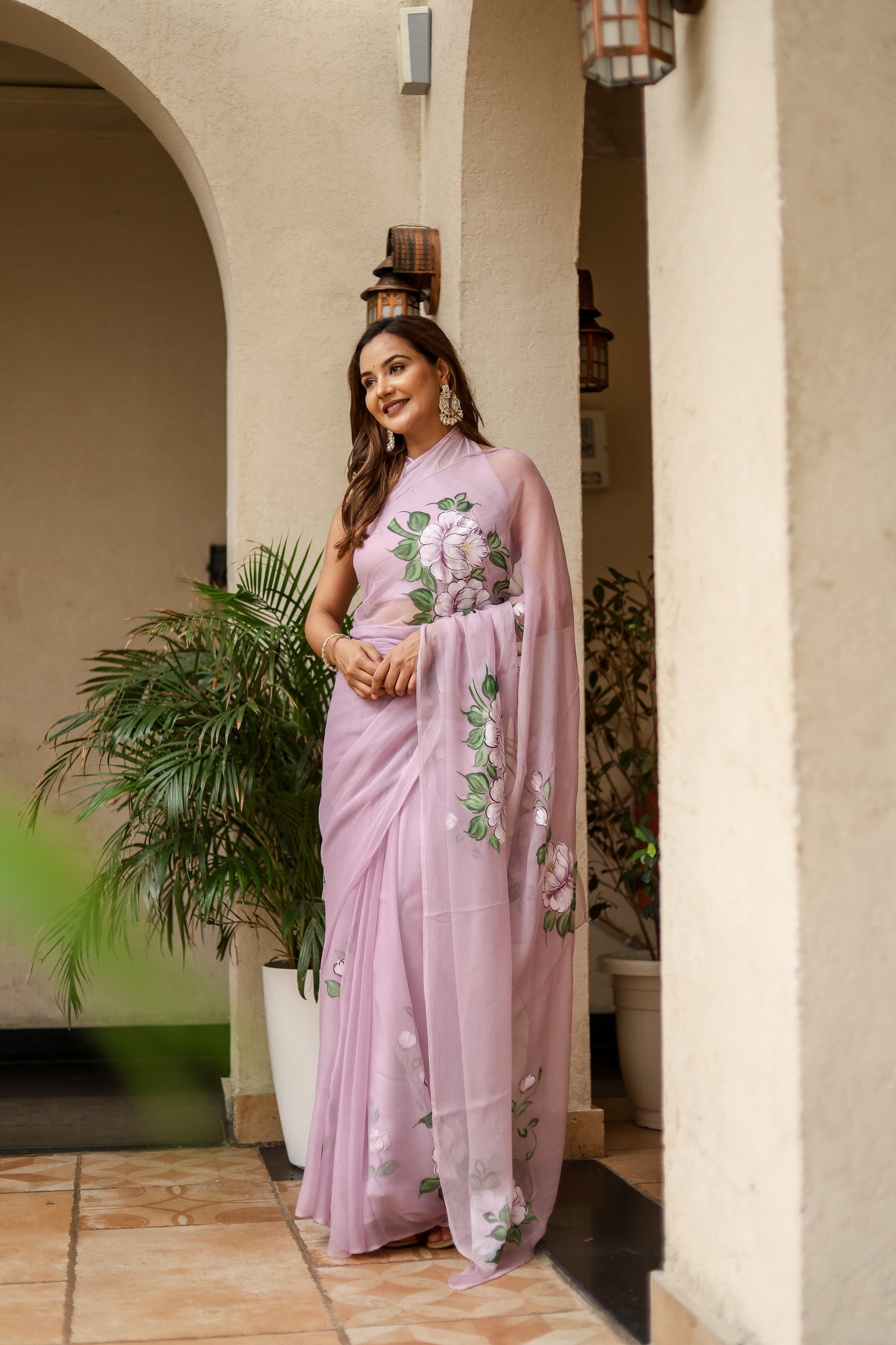Lilac Whisper (Handpainted Lilac Pure Viscose Chiffon Saree)