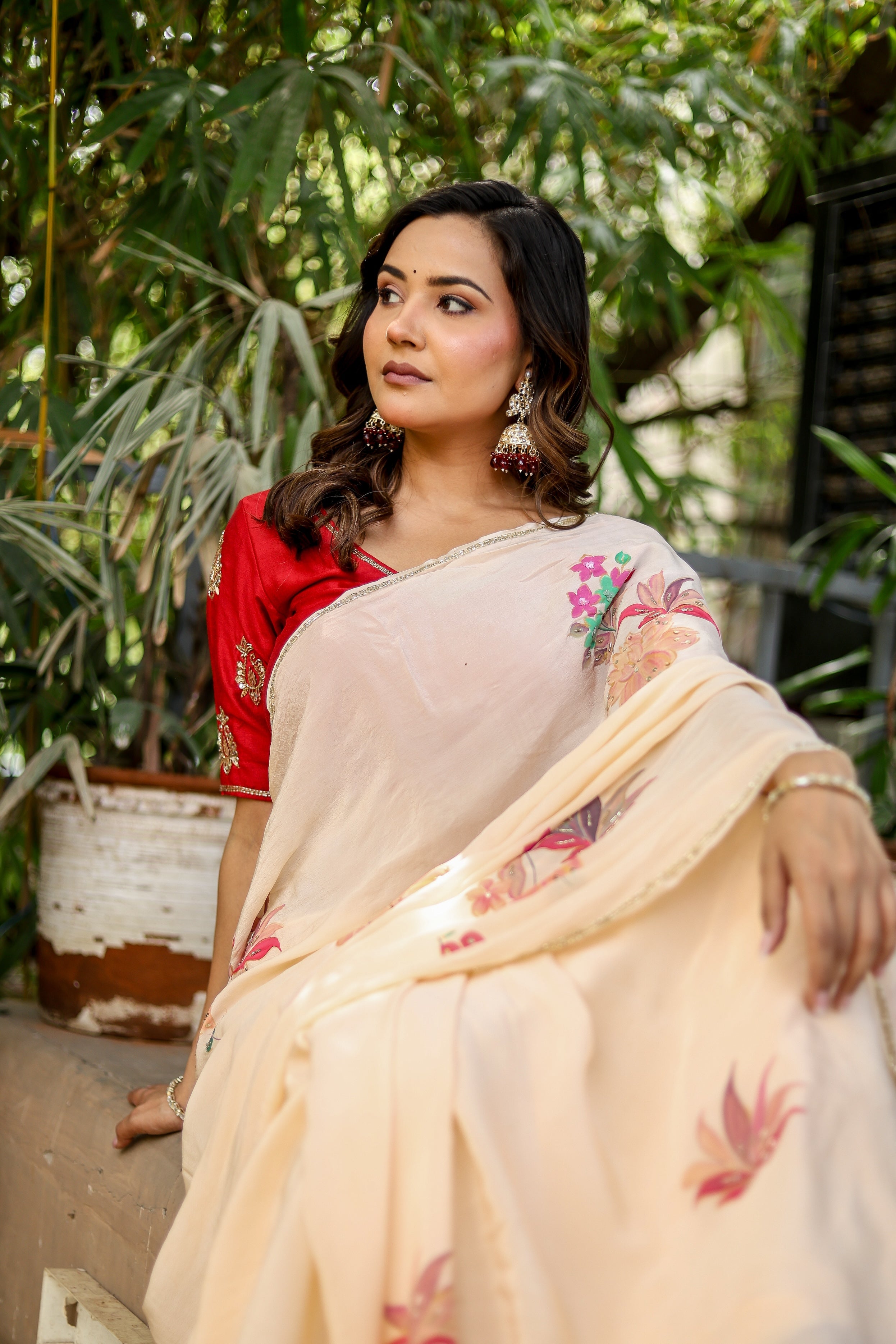 Crimson Bloom (Handpainted and Embroidered Crepe Saree)