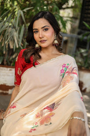Crimson Bloom (Handpainted and Embroidered Crepe Saree)