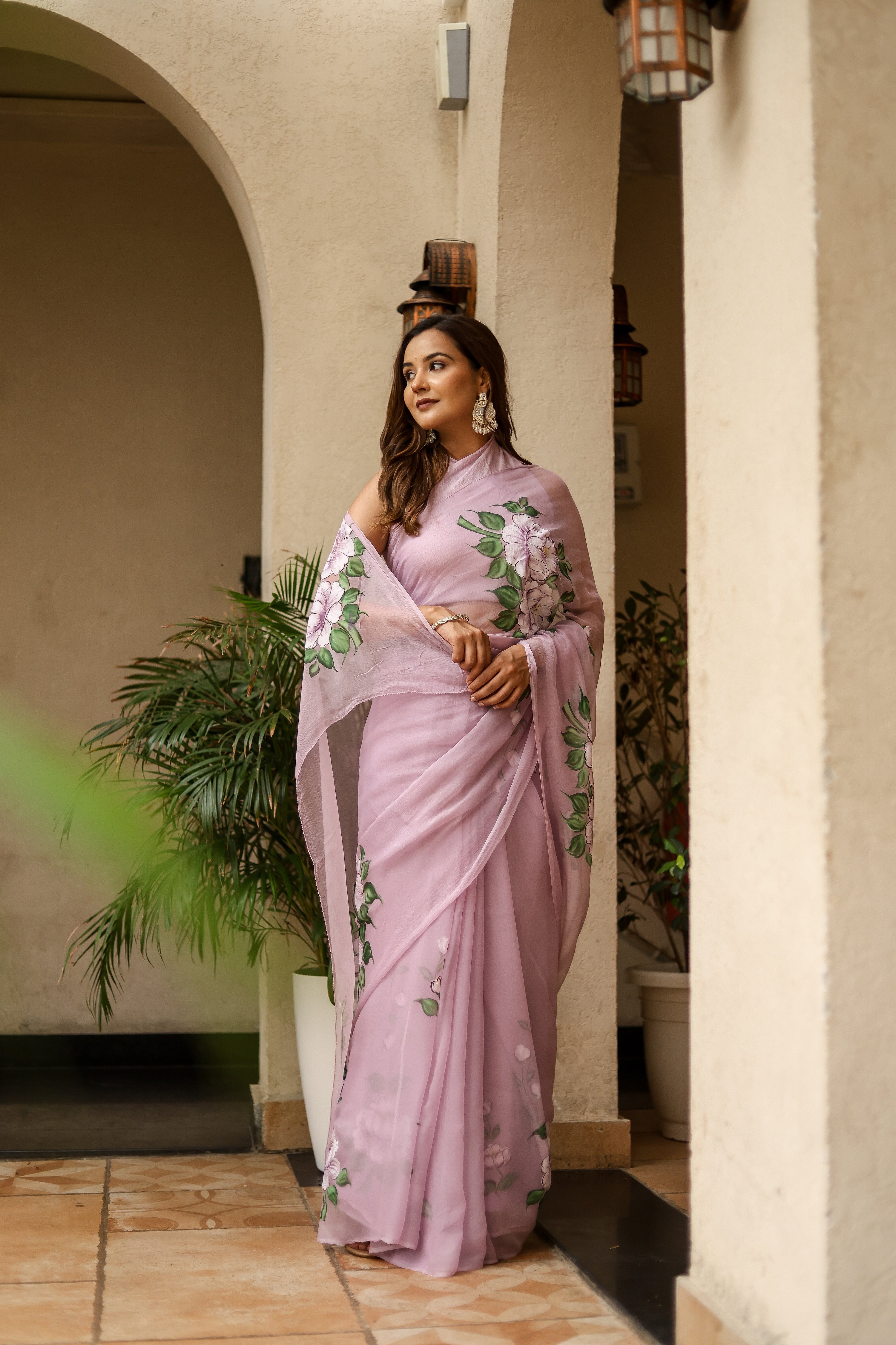 Lilac Whisper (Handpainted Lilac Pure Viscose Chiffon Saree)