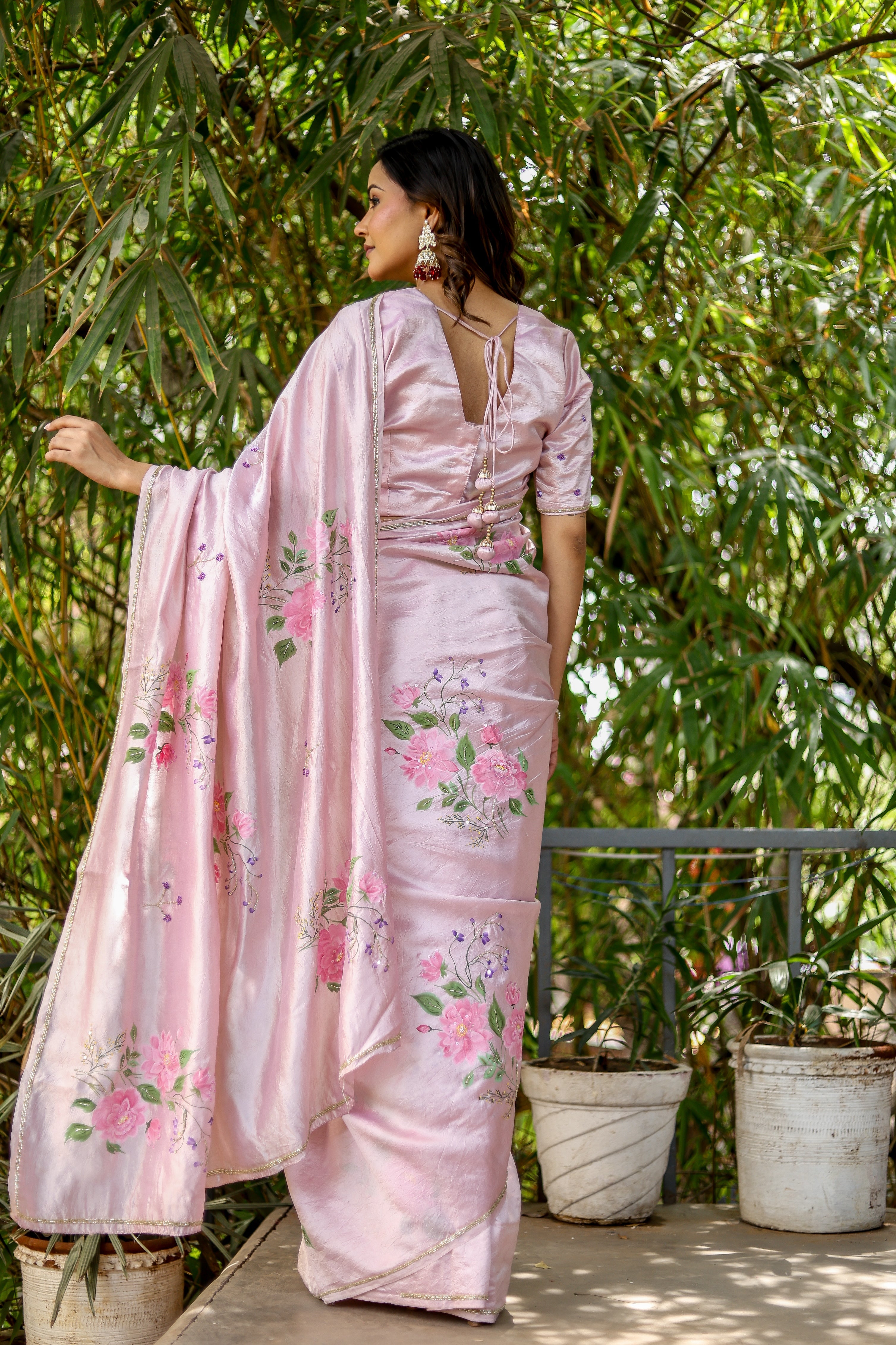 Rosa Éterna (Handpainted Blush Pink Pure Italian Raw Silk Organza Saree)