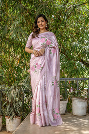 Rosa Éterna (Handpainted Blush Pink Pure Italian Raw Silk Organza Saree)