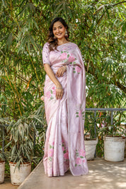 Rosa Éterna (Handpainted Blush Pink Pure Italian Raw Silk Organza Saree)