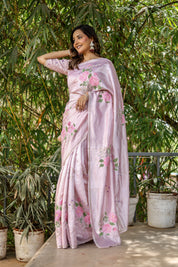 Rosa Éterna (Handpainted Blush Pink Pure Italian Raw Silk Organza Saree)