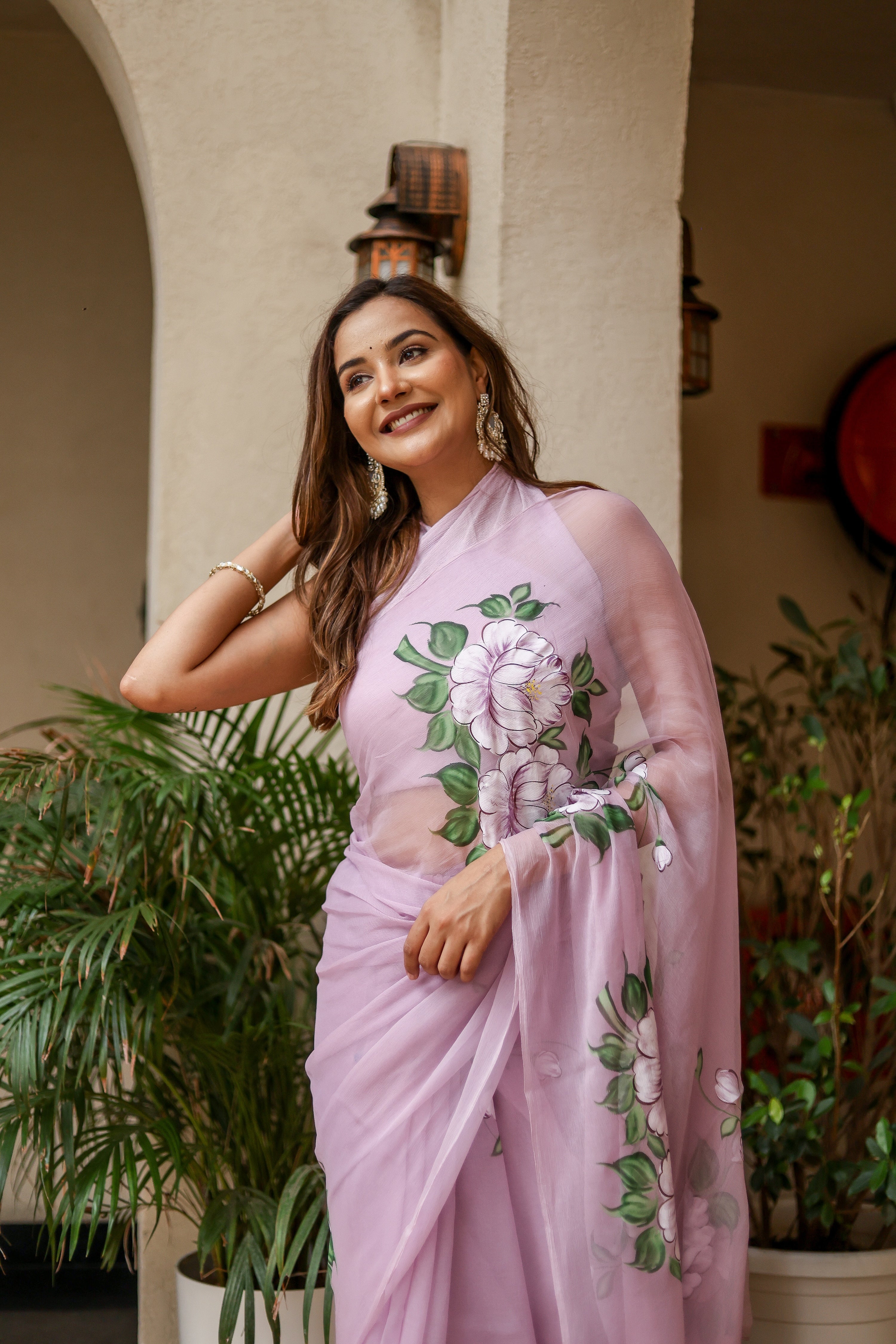 Lilac Whisper (Handpainted Lilac Pure Viscose Chiffon Saree)