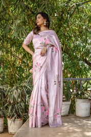 Rosa Éterna (Handpainted Blush Pink Pure Italian Raw Silk Organza Saree)