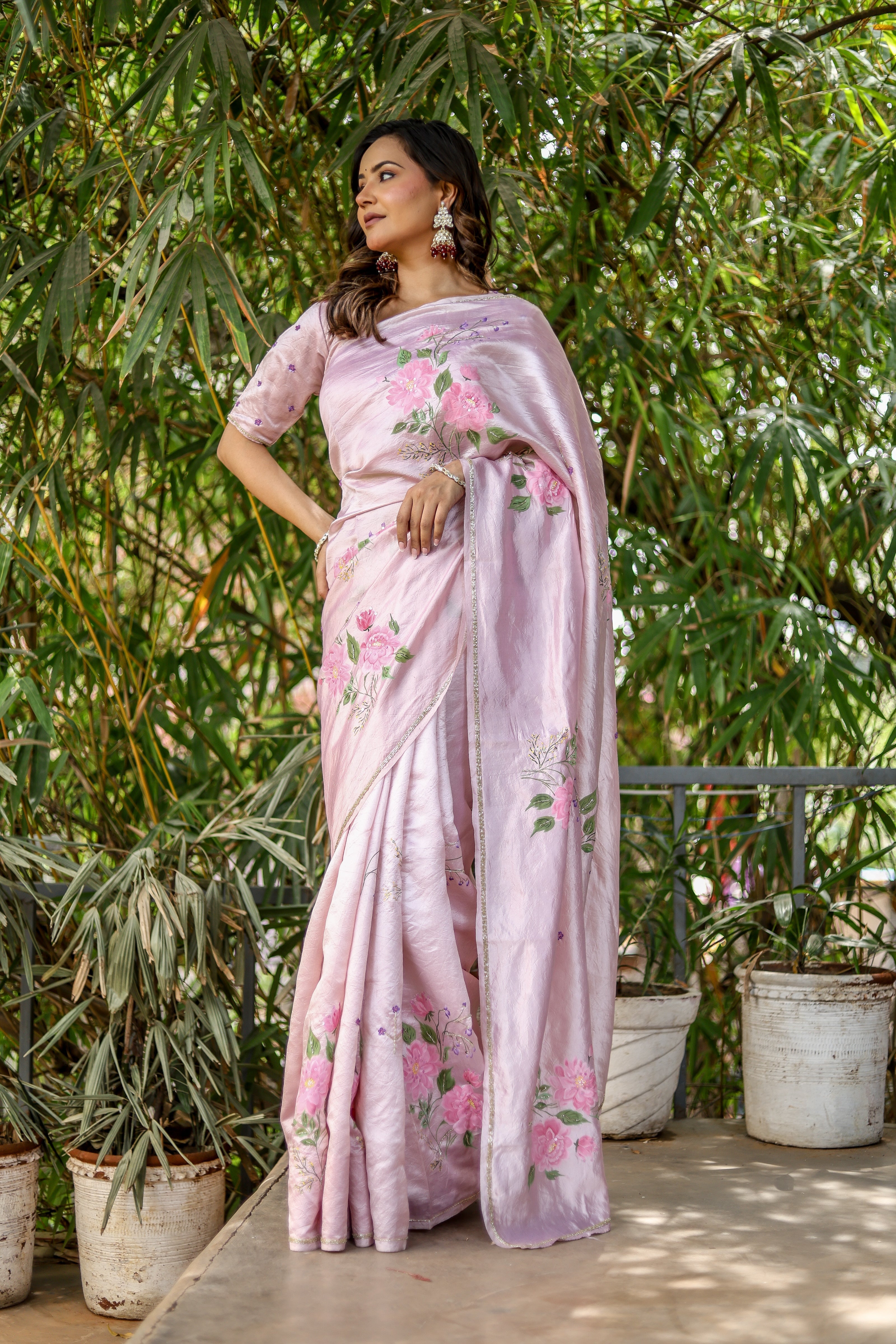 Rosa Éterna (Handpainted Blush Pink Pure Italian Raw Silk Organza Saree)