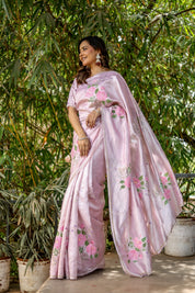 Rosa Éterna (Handpainted Blush Pink Pure Italian Raw Silk Organza Saree)