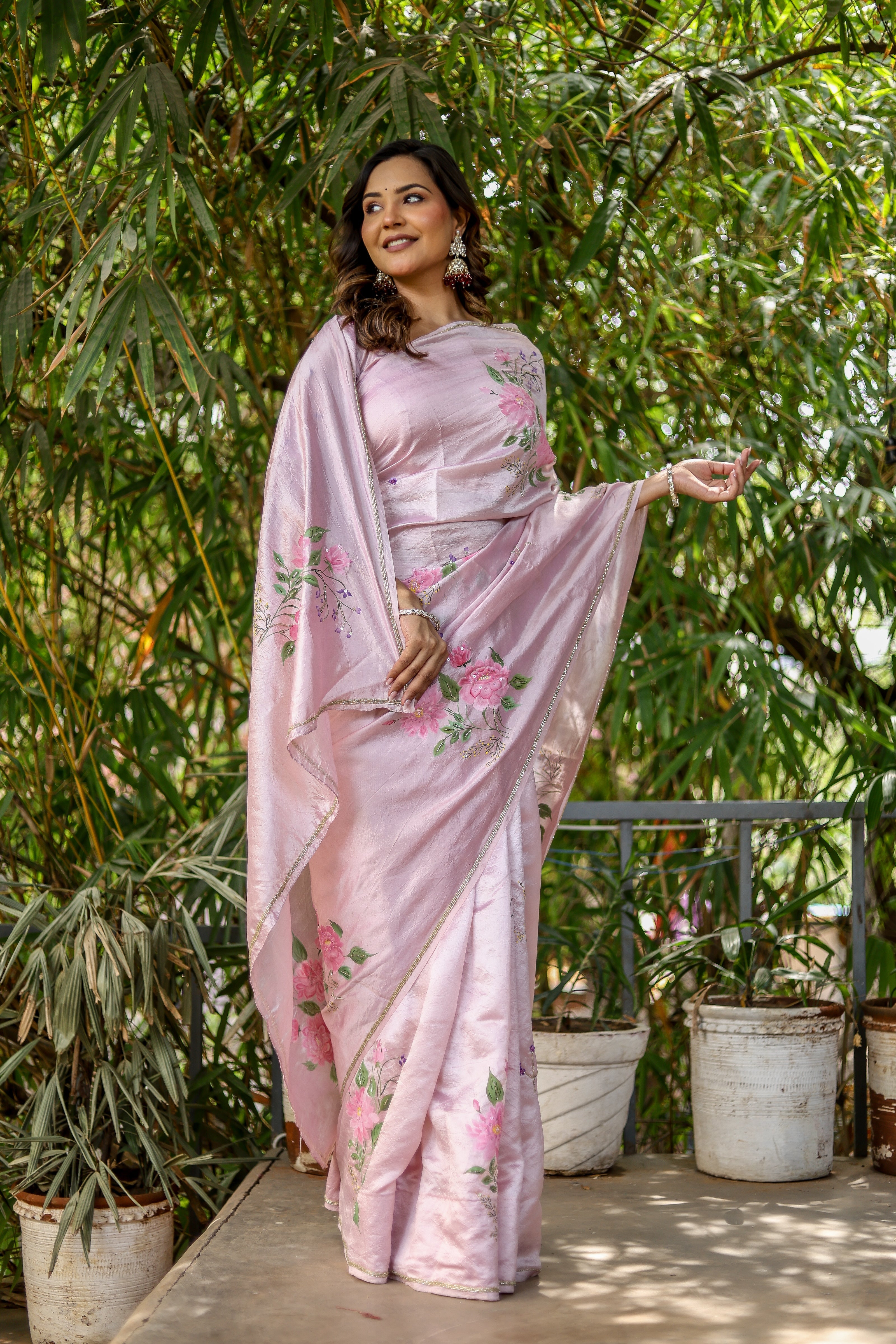 Rosa Éterna (Handpainted Blush Pink Pure Italian Raw Silk Organza Saree)