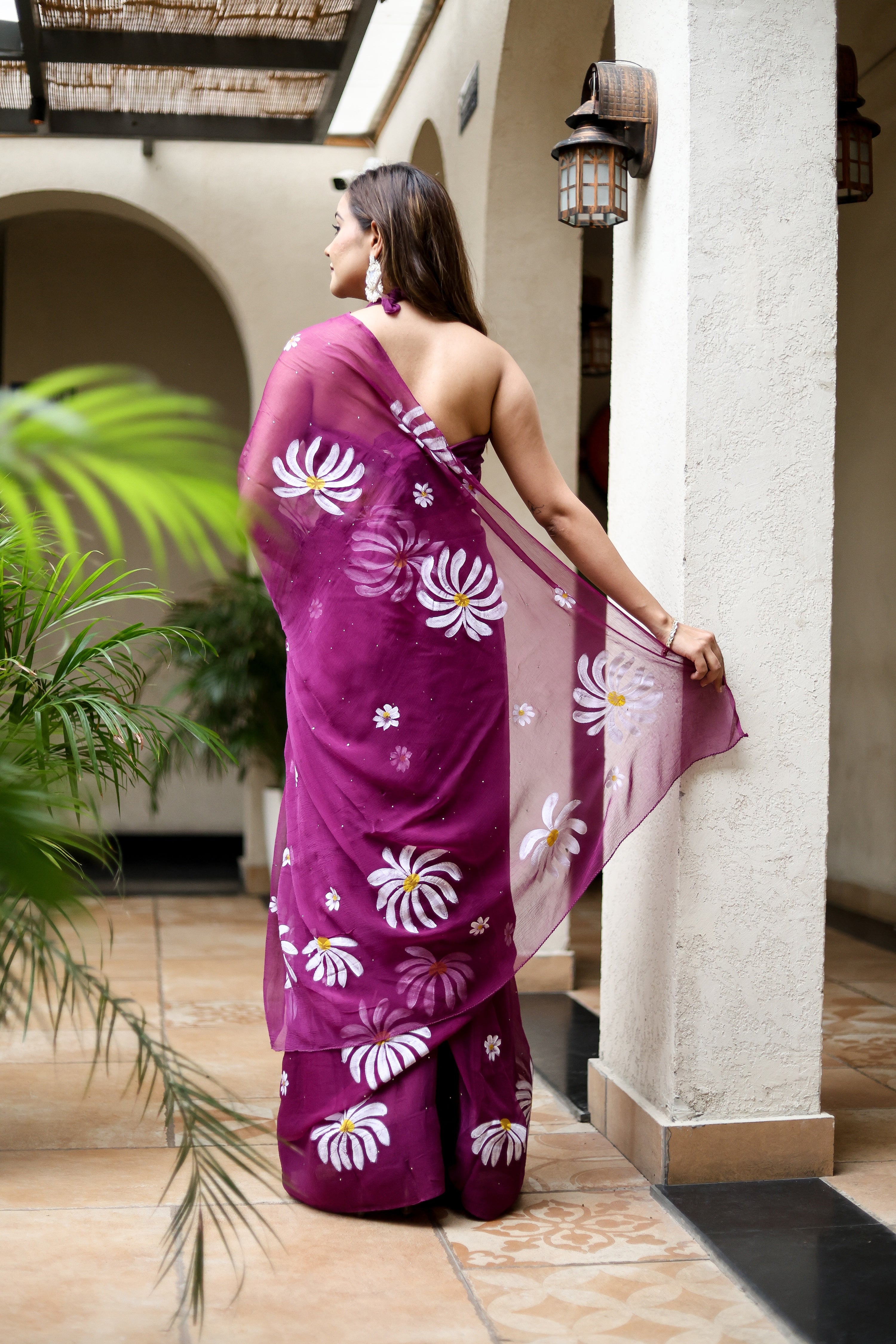 Berry Bloom (Handpainted Pure Viscose Chiffon Saree with Mukaish)