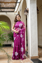 Berry Bloom (Handpainted Pure Viscose Chiffon Saree with Mukaish)