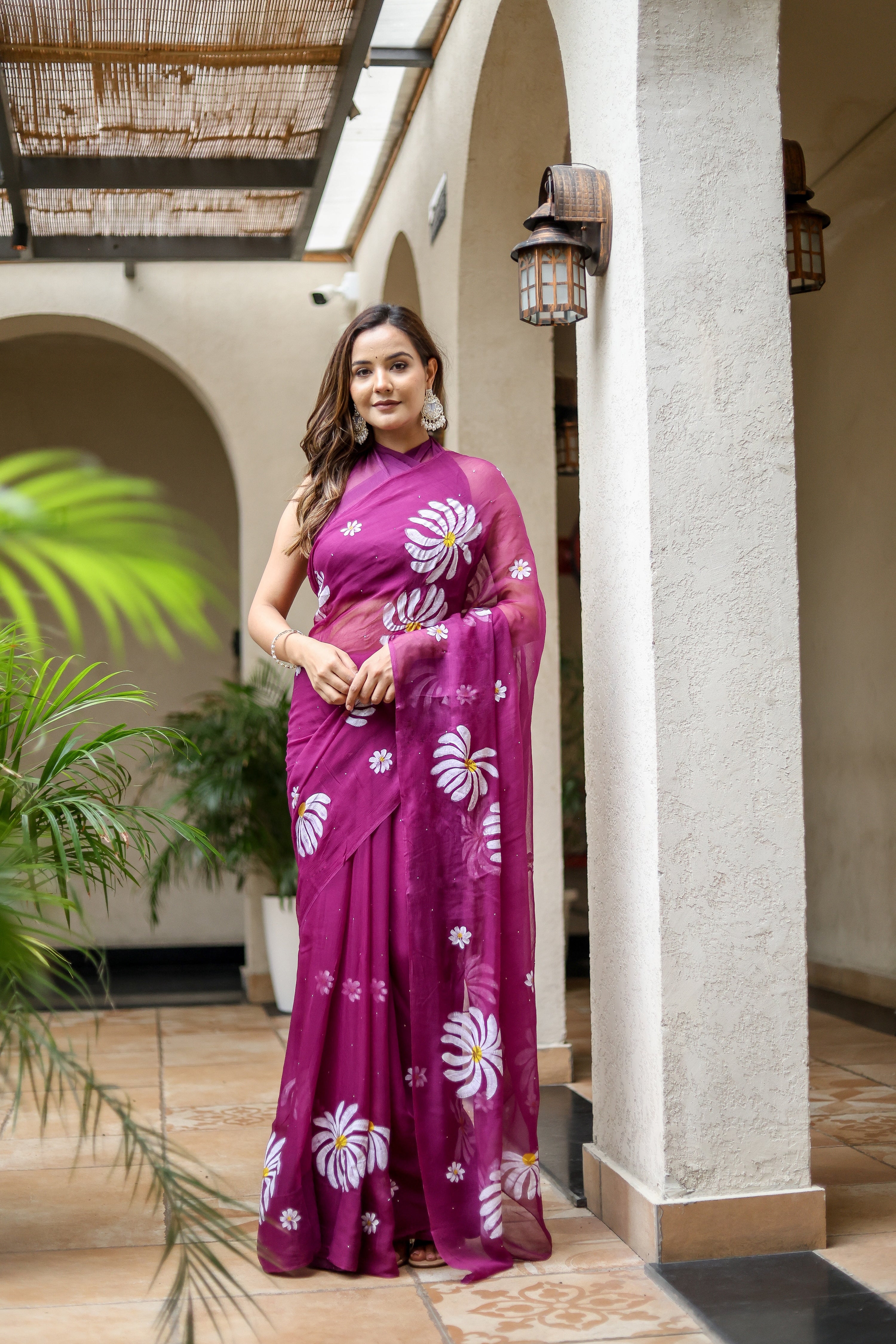 Berry Bloom (Handpainted Pure Viscose Chiffon Saree with Mukaish)