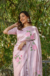Rosa Éterna (Handpainted Blush Pink Pure Italian Raw Silk Organza Saree)