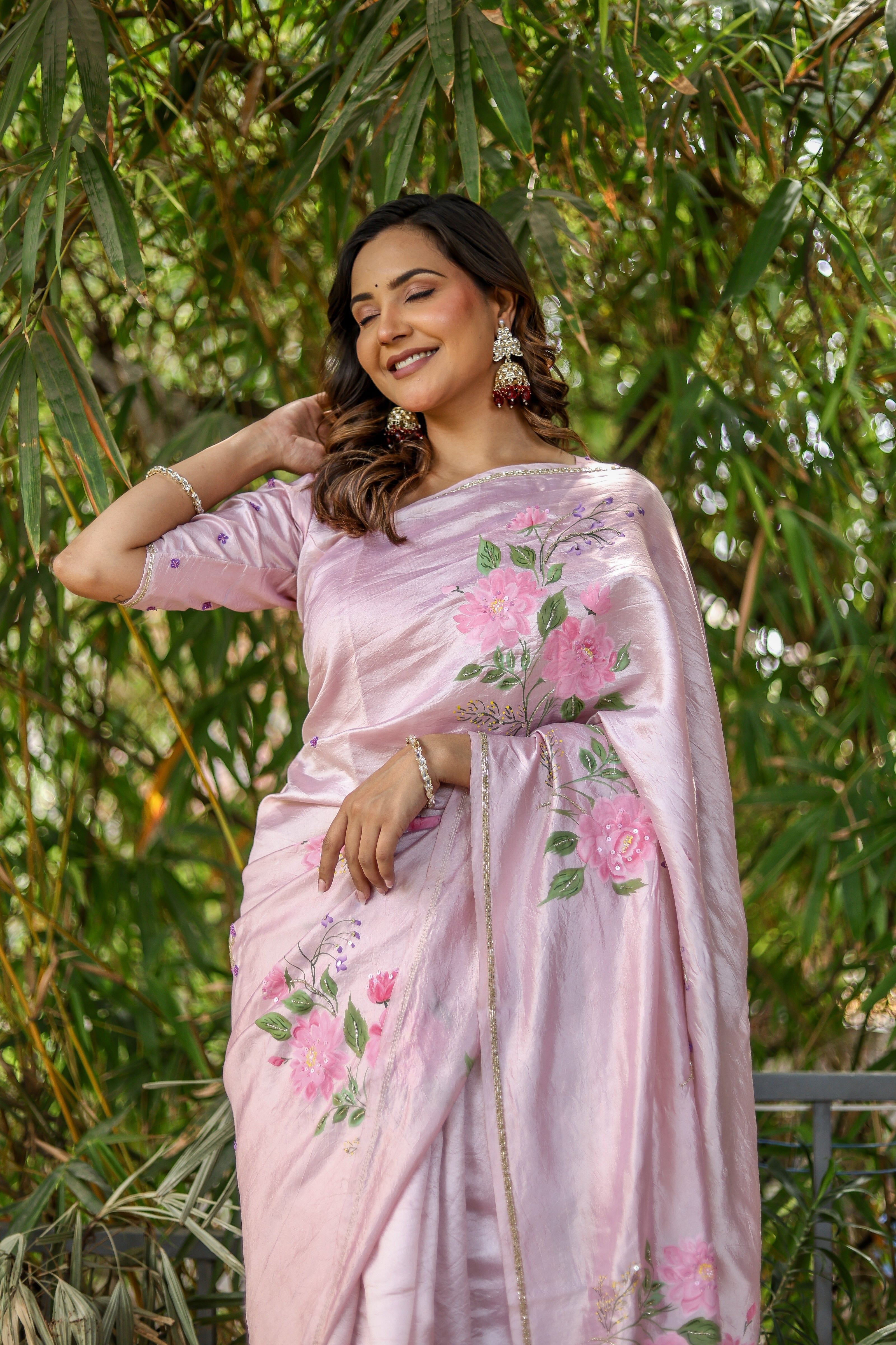 Rosa Éterna (Handpainted Blush Pink Pure Italian Raw Silk Organza Saree)