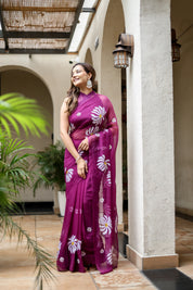 Berry Bloom (Handpainted Pure Viscose Chiffon Saree with Mukaish)
