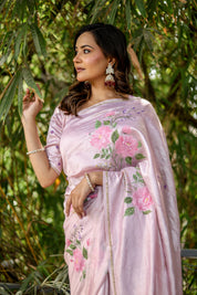 Rosa Éterna (Handpainted Blush Pink Pure Italian Raw Silk Organza Saree)