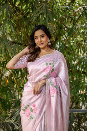 Rosa Éterna (Handpainted Blush Pink Pure Italian Raw Silk Organza Saree)