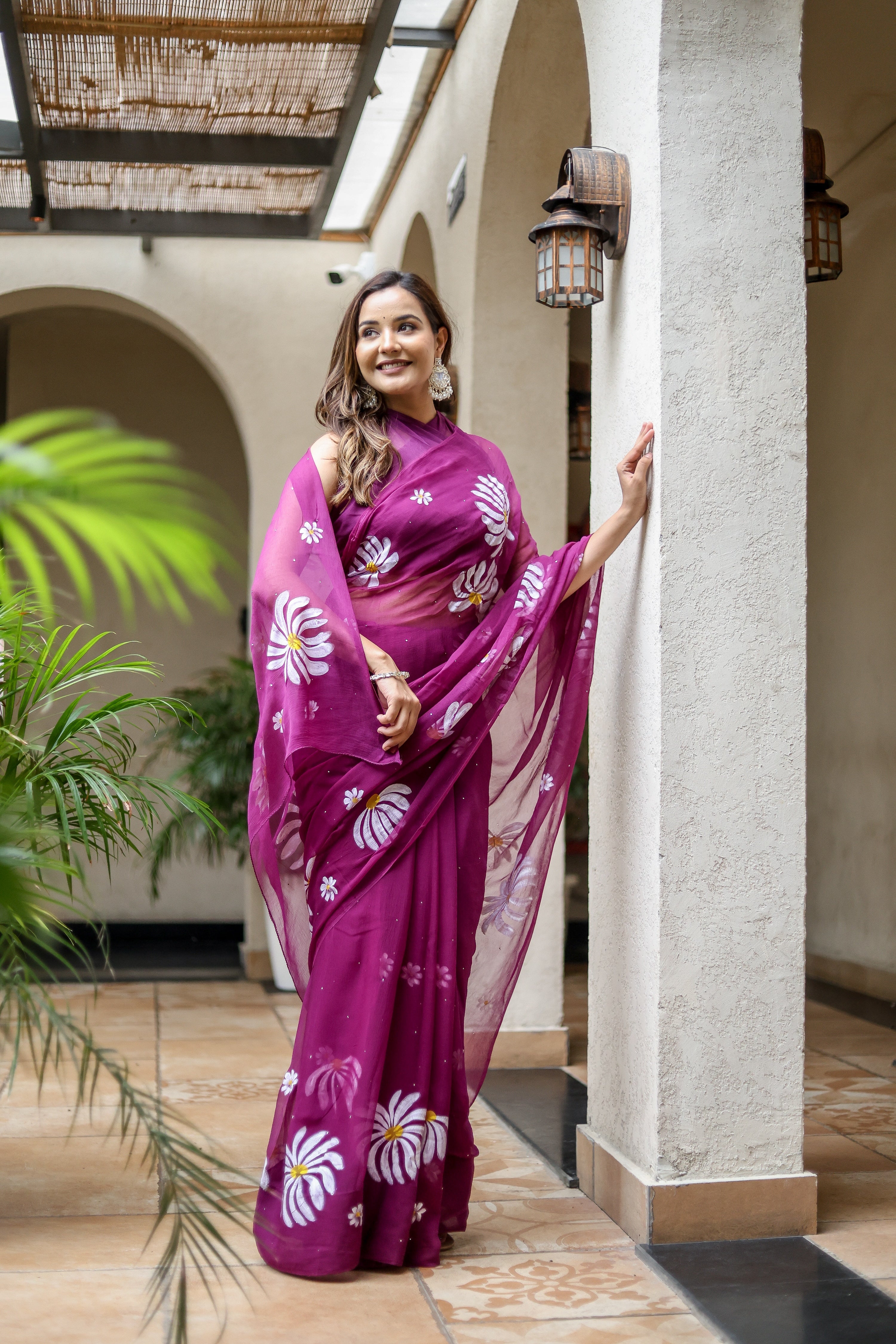 Berry Bloom (Handpainted Pure Viscose Chiffon Saree with Mukaish)