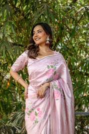 Rosa Éterna (Handpainted Blush Pink Pure Italian Raw Silk Organza Saree)