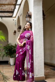 Berry Bloom (Handpainted Pure Viscose Chiffon Saree with Mukaish)