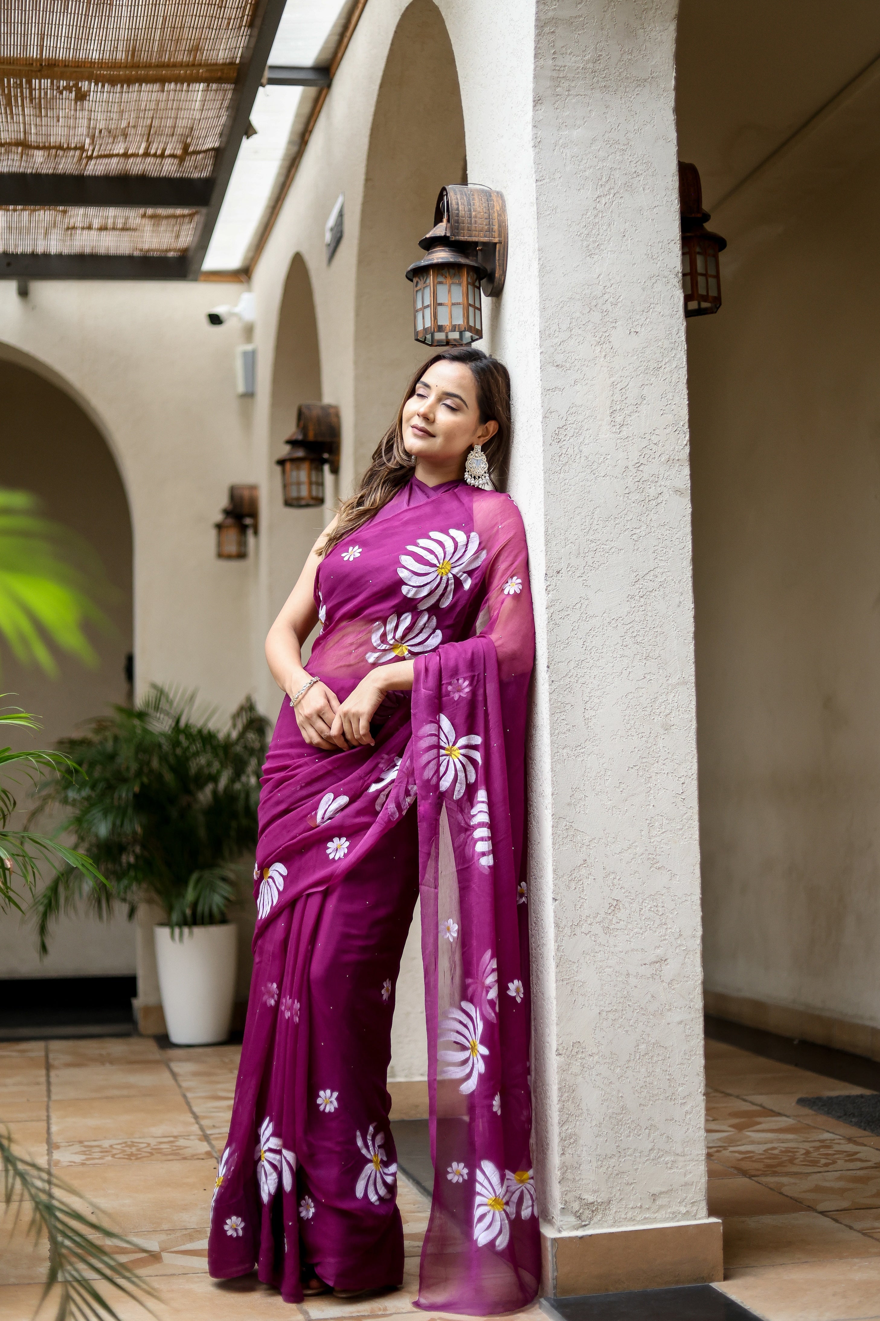 Berry Bloom (Handpainted Pure Viscose Chiffon Saree with Mukaish)