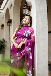 Berry Bloom (Handpainted Pure Viscose Chiffon Saree with Mukaish)