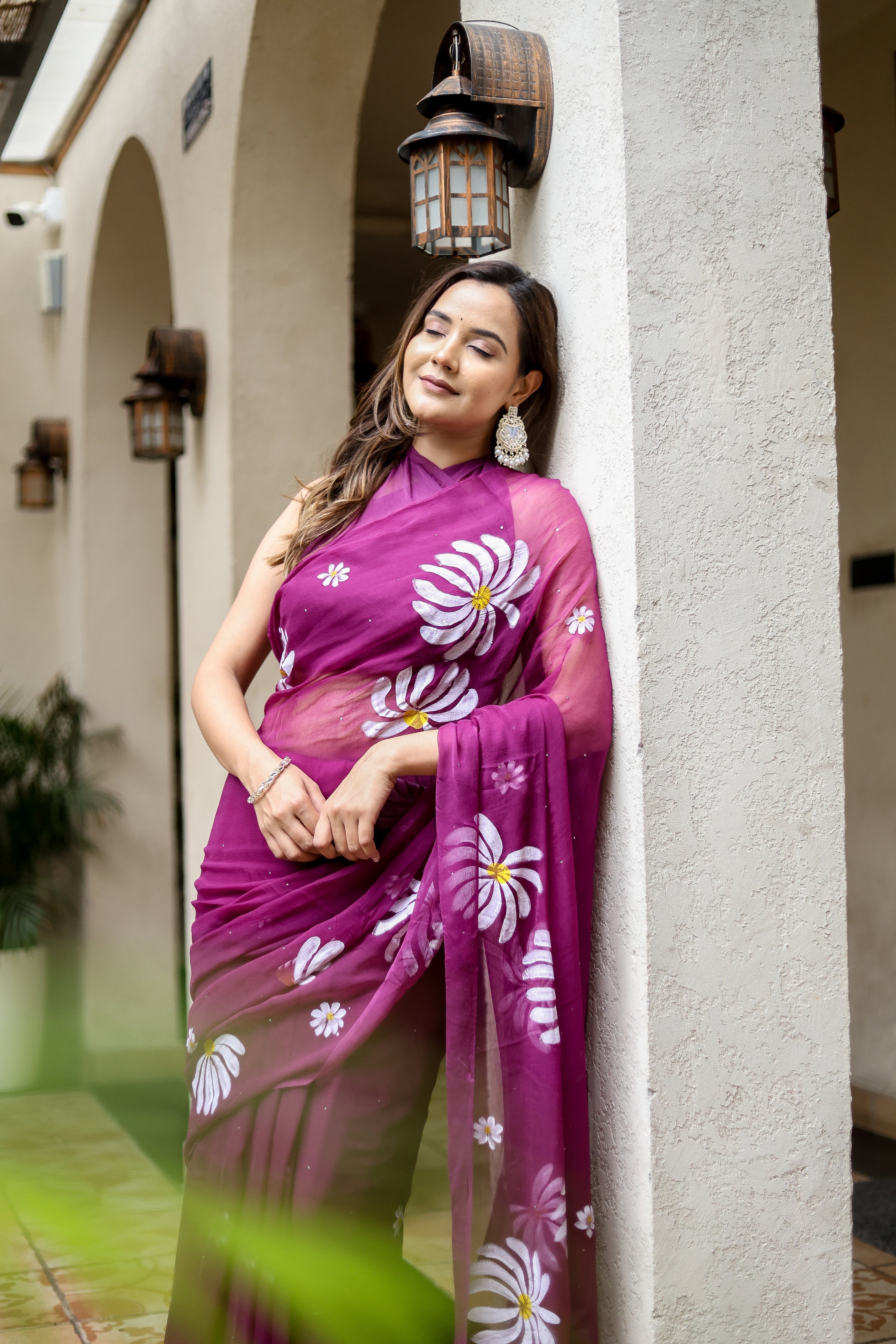 Berry Bloom (Handpainted Pure Viscose Chiffon Saree with Mukaish)