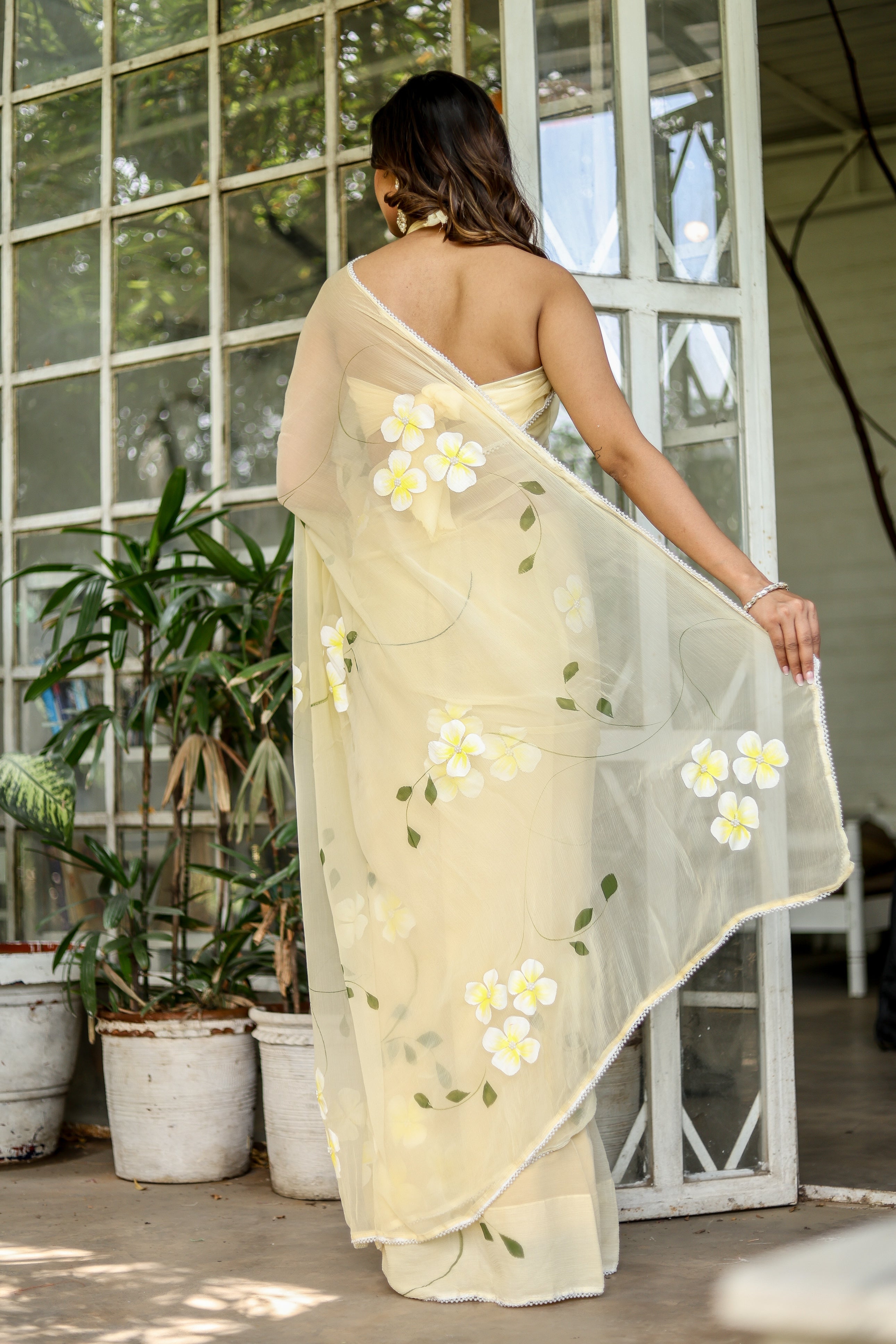 Buttercream Blossom (Handpainted Pure Chiffon Saree)