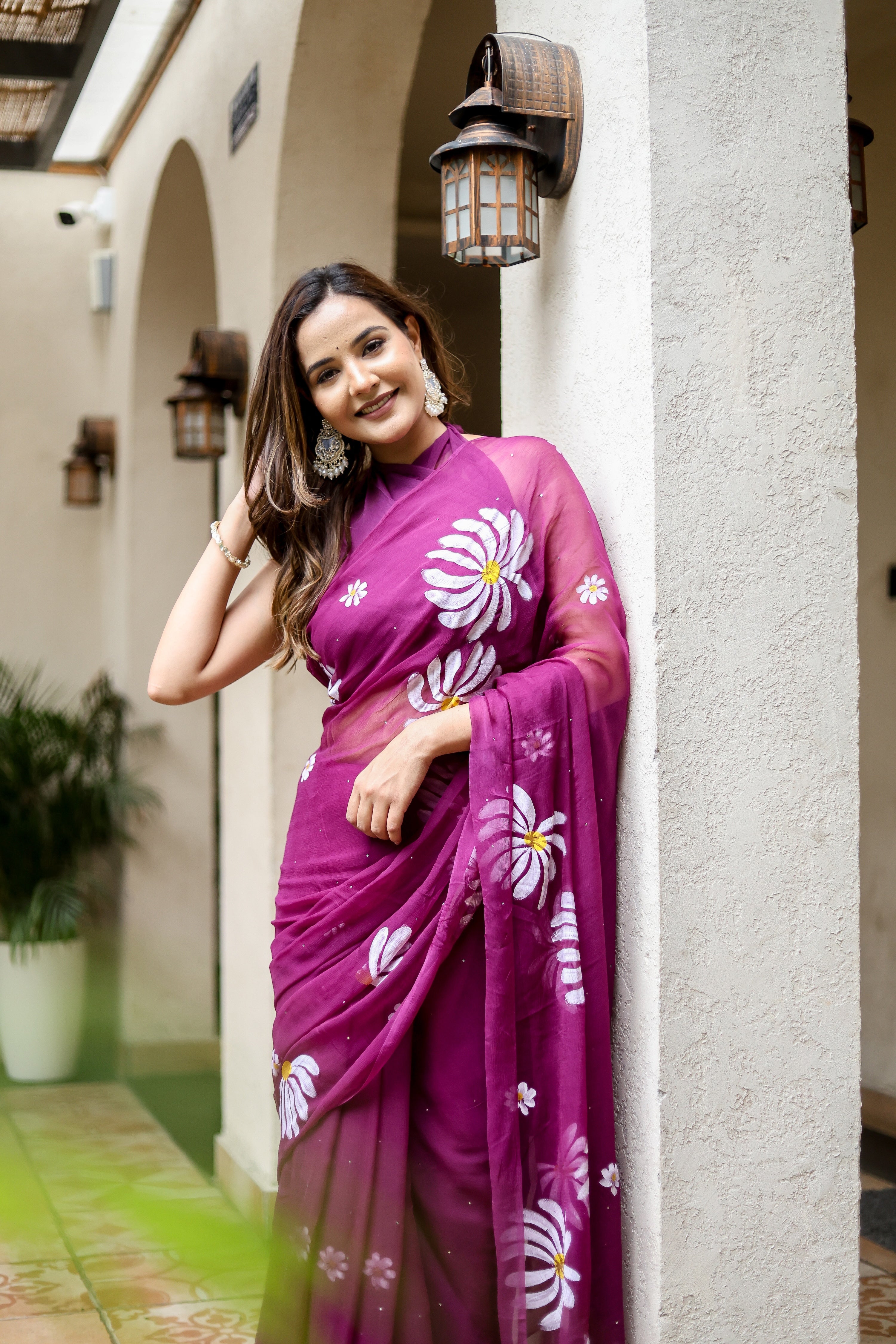 Berry Bloom (Handpainted Pure Viscose Chiffon Saree with Mukaish)