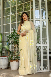 Buttercream Blossom (Handpainted Pure Chiffon Saree)
