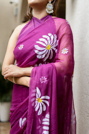 Berry Bloom (Handpainted Pure Viscose Chiffon Saree with Mukaish)