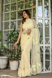 Buttercream Blossom (Handpainted Pure Chiffon Saree)