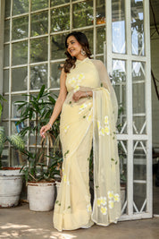 Buttercream Blossom (Handpainted Pure Chiffon Saree)
